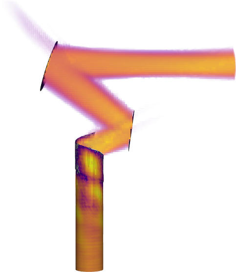 Volumetric rendering of a full-wave MLFMA simulation of an internal mode converter: cavity mode through launcher and two mirrors to a Gaussian beam